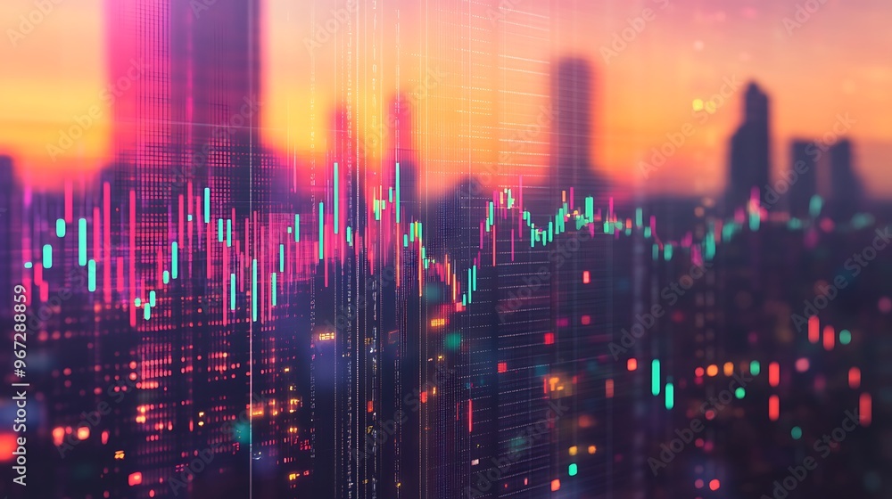Poster city skyline at sunset with financial data visualization and vibrant colors creating a dynamic atmos