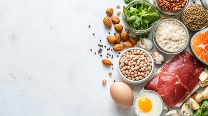 Proteins are large biomolecules and macromolecules that comprise one or more long chains of amino acid residues. Proteins foods banner with empty copyspace.