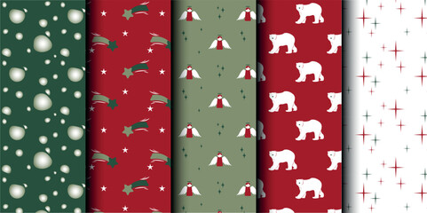 Set of Christmas vector seamless pattern. Merry Christmas and Happy New Year. Christmas symbols background. Vector red and green seamless illustration