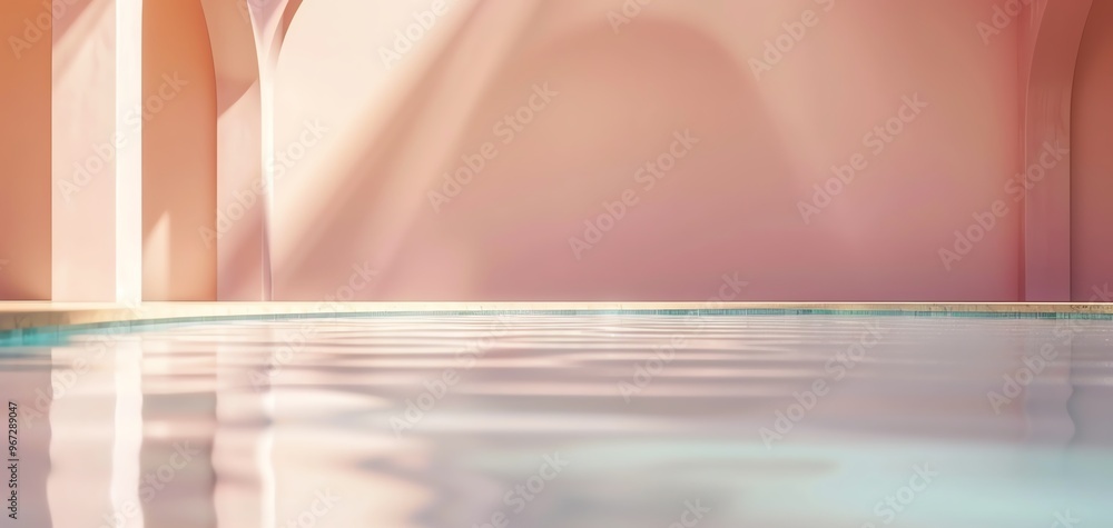 Aufkleber A serene pool with reflective water, surrounded by soft pink walls, creating a calm and tranquil atmosphere for relaxation.