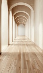 Obraz premium A serene hallway with arches and wooden flooring, creating a calm and inviting atmosphere for any design project.