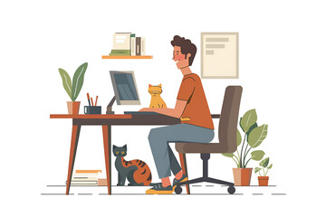 A man sitting at a computer desk, smiling and working on it, with a cat nearby. Vector illustration on a white background, Generative AI