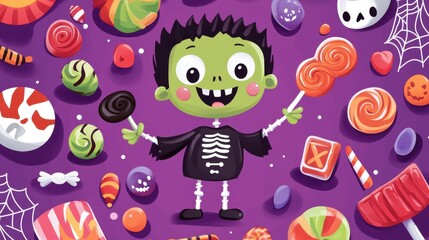 Naklejka premium A cheerful character in a skeleton outfit joyfully holds lollipops amid an assortment of colorful Halloween candies and treats