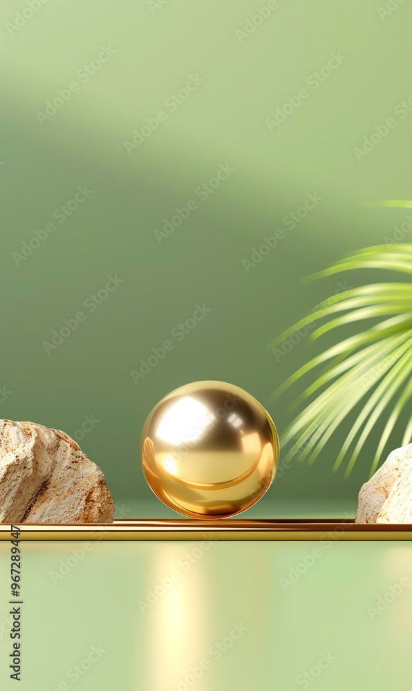 Aufkleber a shiny golden sphere resting between rocks and green leaves, creating a serene and modern aesthetic