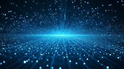 Naklejka premium A mesmerizing digital landscape featuring bright blue particles and beams of light radiating into a vast space.