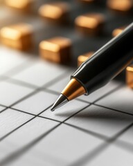 Close-up of a black pen on a grid paper, with soft focus gold cubes in the background, perfect for business or finance themes.
