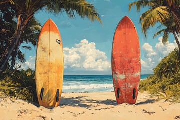 Two surfboards on a pristine beach with palm trees, blue sky, and ocean waves in the background.