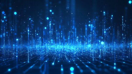 Obraz premium A mesmerizing digital landscape featuring vibrant blue lights and dynamic patterns, perfect for technology and abstract themes.