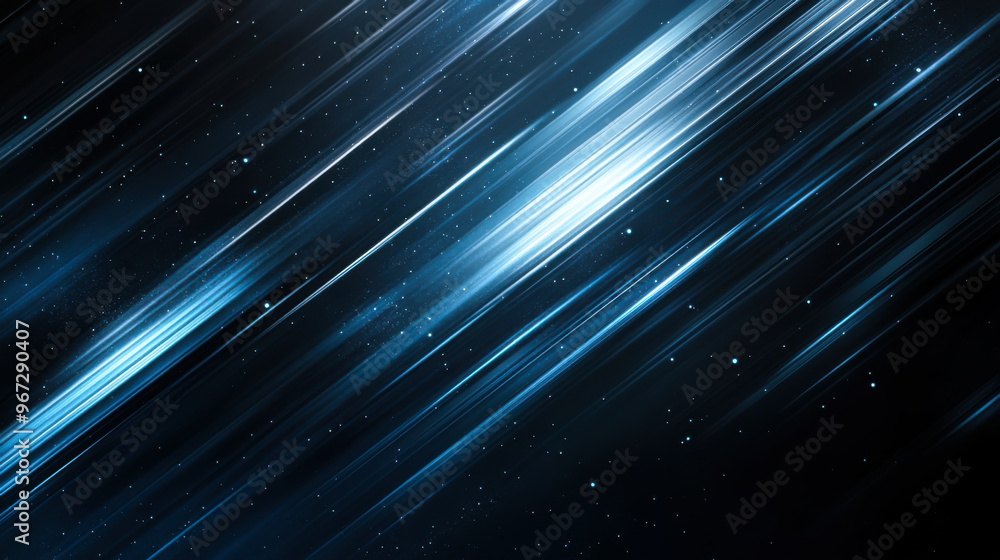 Poster abstract blue light streaks create a dynamic background with subtle star-like elements, conveying a 