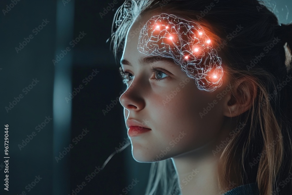 Poster biohacking light fields neuroimaging neurogenesis and intelligence young woman with neural connectio