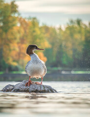 A female common merganser perching on a rock in the middle of a pond.