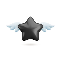 Vector 3d black star with wings icon. Cute realistic cartoon flying star 3d render on white background, glossy dark star Illustration for customer rating concept, decoration, web, game design, app.