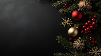 sophisticated Christmas frame with gold and red ornaments, pine branches, and wrapped gifts arranged against a dark background, ideal for a luxurious holiday theme.