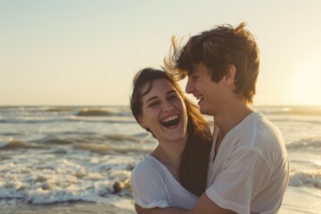 A couple enjoys a fun and romantic moment at the beach, their genuine laughter capturing the essence of bliss. - Powered by Adobe