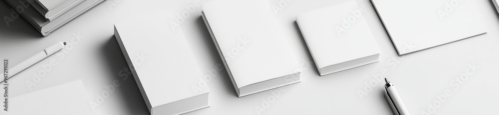 Poster folder mockup rendered with three variations on a white marble background. 3d illustration of an rei