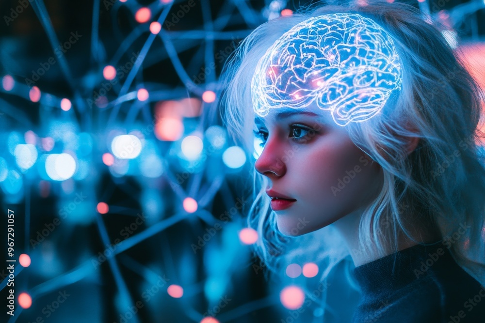 Poster consciousness studies quantum neurology conceptual neural network and biophotonics woman surrounded 
