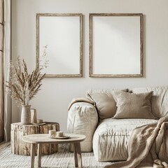 In this 3D illustration, a pair of wooden frames with a sofa and side table are situated on a white wall in a living room.