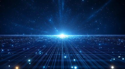 Obraz premium A mesmerizing digital landscape, featuring glowing lines and stars radiating into the distance, evoking a sense of infinity.