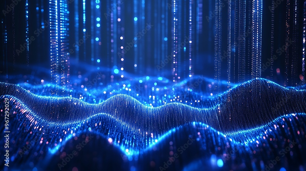 Poster a mesmerizing display of blue digital waves, symbolizing data flow and technology in a futuristic se