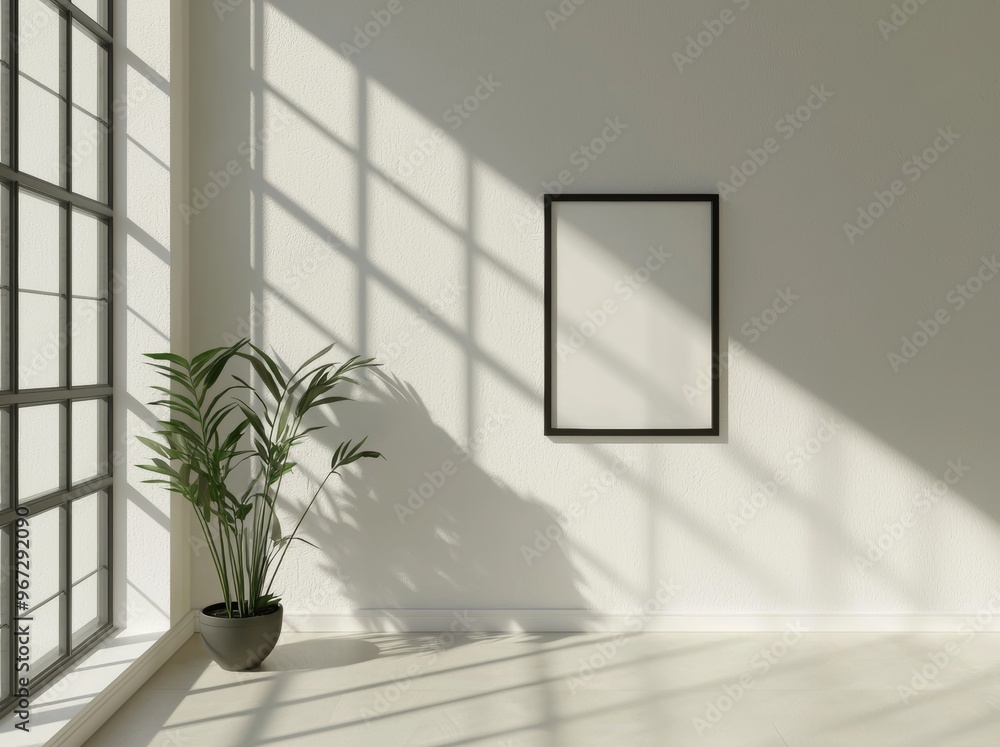 Poster an empty square black thin frame mocks up on a white wall. it is illustrated in 3d.