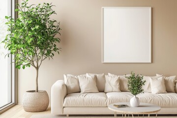 A mockup of a living room wall with an empty picture frame