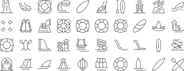 Lifeline and Water Slide Set of Thin Icons. Editable Stroke. Suitable for Web Sites, Books, Cards, Apps