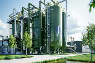 Fototapeta premium An exterior view of a high-tech green industrial facility surrounded by greenery, indicating a blend of technology and sustainability.