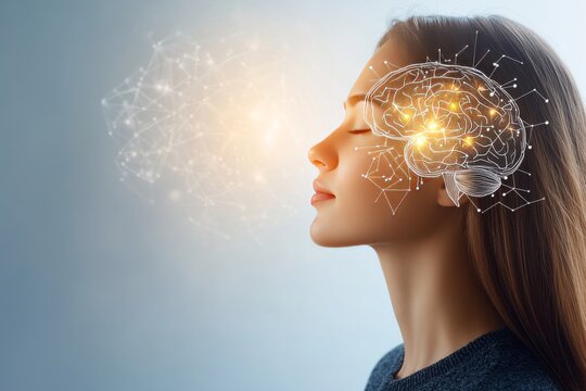 Bioluminescence holography data mapping biofeedback and chromatic interaction woman looking down with glowing brain connections symbolizing neural connectivity and cognitive function