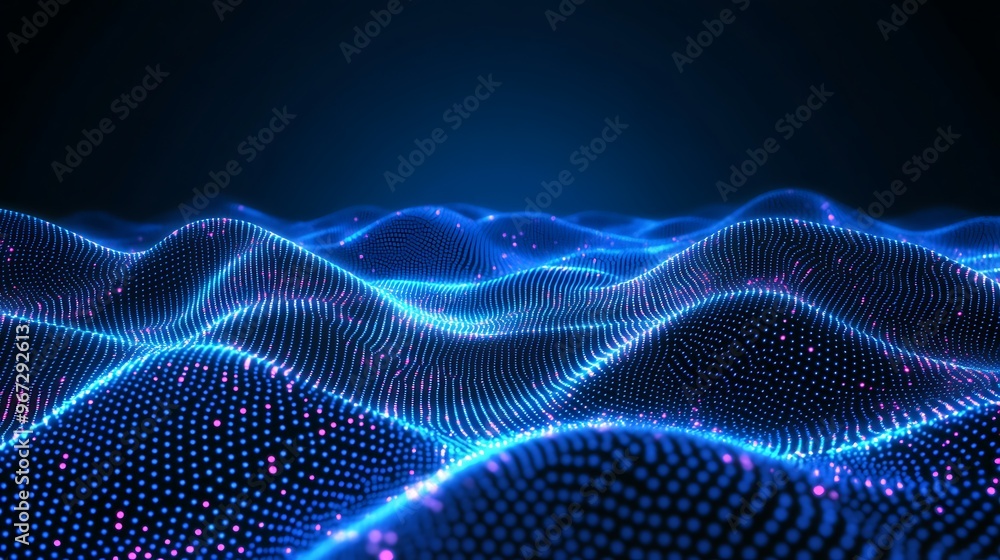 Poster a mesmerizing view of digital waves created with glowing blue dots. perfect for technology and abstr