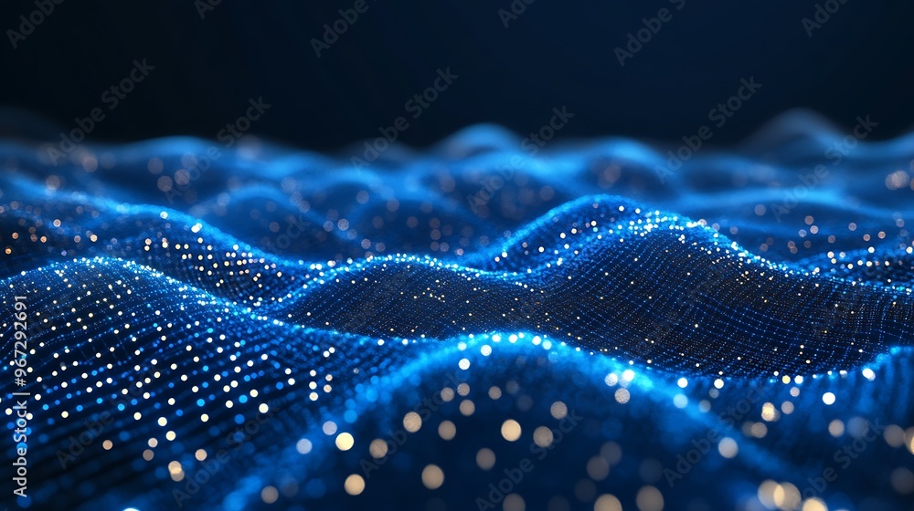 Poster a mesmerizing view of illuminated blue waves, showcasing a digital landscape filled with sparkling p