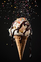 A scoop of melting ice cream with chocolate syrup and sprinkles in a waffle cone captured mid-air against a black background