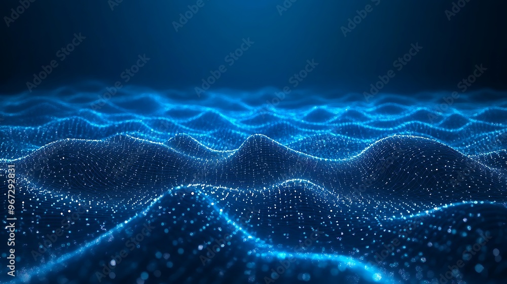 Poster a mesmerizing view of shimmering blue waves, illuminated with points of light, creating a tranquil a