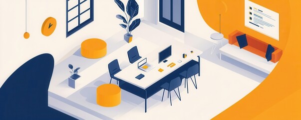 Obraz premium Modern workspace featuring a stylish desk, plants, and a cozy seating area, ideal for productivity and creativity.