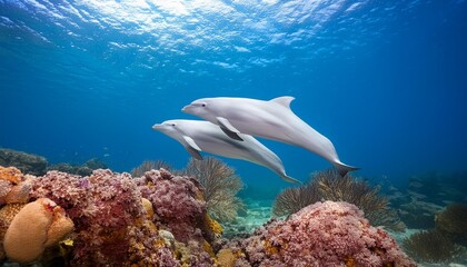 Fototapeta premium Graceful dolphin pair swimming in a coral reef