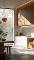 A kitchen with a window and a table with a vase of flowers on it. The kitchen is very clean and well-lit