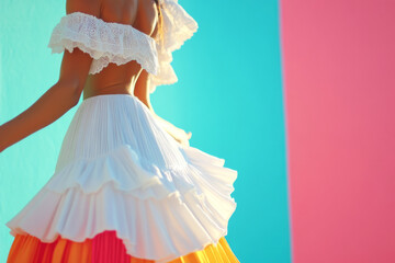 Obraz premium Colorful traditional dress worn by dancing woman in motion, background