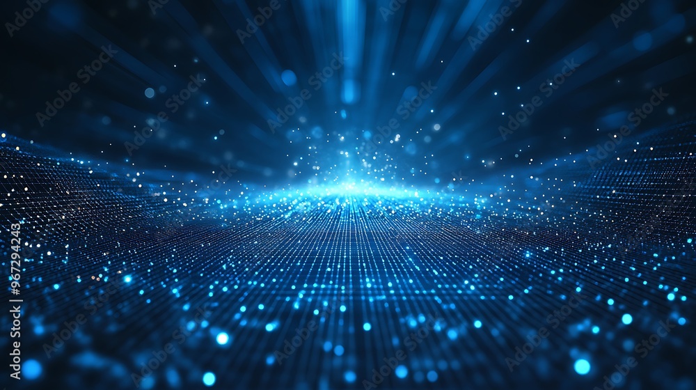 Poster a stunning blue abstract background filled with luminous particles and radiant beams of light, creat