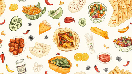 Assorted Mexican food items including tacos, burritos, and salsa with vegetables