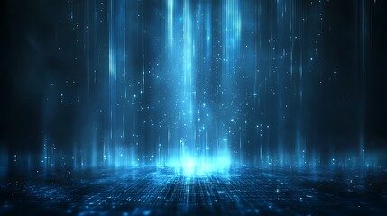 A stunning blue abstract background with glowing particles and light beams creating a digital ambiance.