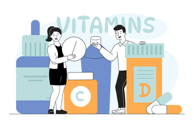People with vitamins. Man and women near pills. Supplements for active and healthy lifestyle and training. Multivitamin compex and antioxidant. Healthcare and medicine. Linear vector illustration