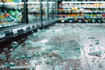 Shattered glass scattered across a supermarket aisle floor, signaling an unexpected event in a brightly lit store.