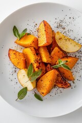 Elegant roasted pumpkin and apple segments beautifully arranged on a white plate with herbs and nuts in a vibrant culinary display