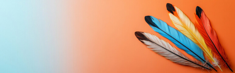 Nation indigenous peoples day concept, Colorful feather on minimslist color background © dvoevnore