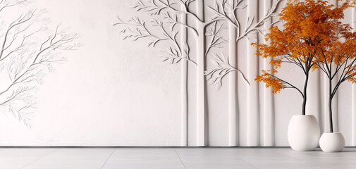 Empty wall and floor with autumn trees and yellow leaves