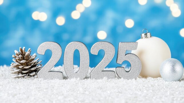 A minimalistic high-resolution depiction of silver numbers 2025 adorned with bokeh lights, evoking a festive and hopeful essence for the new year