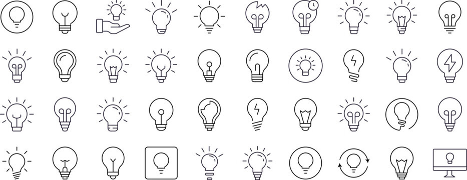 Lightbulbs, Lamps Pack of Thin Icons. Editable Stroke. Suitable for Web Sites, Books, Cards, Apps