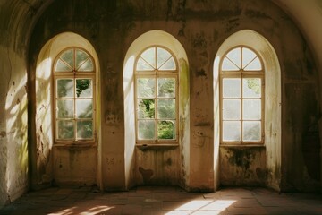 Fototapeta premium Sunlight filters through three arched windows, illuminating an abandoned room with a serene, nostalgic ambiance.