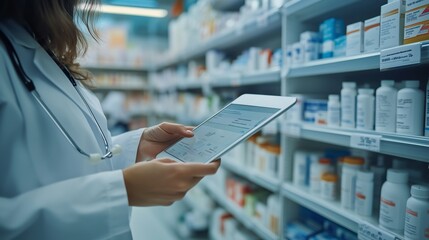 Healthcare professional using a tablet to manage inventory in a pharmacy during a busy workday