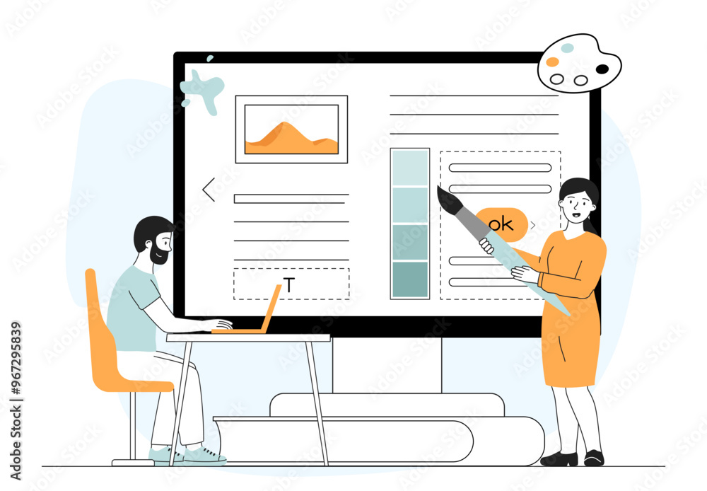 Poster team of web designers. man and woman developing design for web page, application or program. freelan
