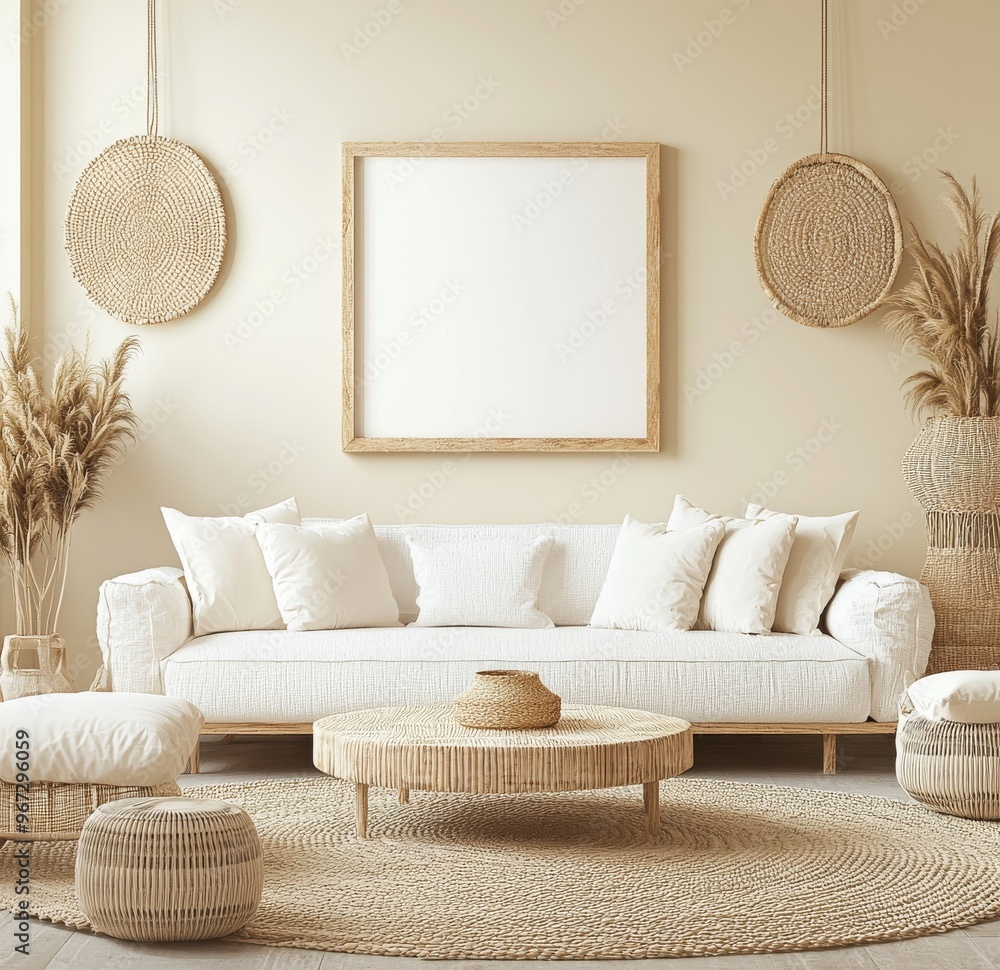 Poster the mockup frame is in the scandi-boho style with a beige color scheme through the interior backgrou